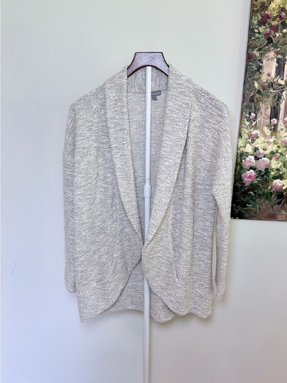 Talbots Beige Heathered Open Front Shawl Collar Cardigan MP Petite